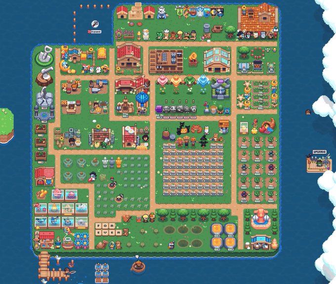 An overhead view of a pixel art village map showing various buildings, a farm grid, characters, and surrounding ocean.