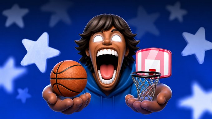 A 3D animated character with glowing white eyes and a wide-open mouth holds a basketball in one hand and a small basketball hoop in the other against a starry blue background.