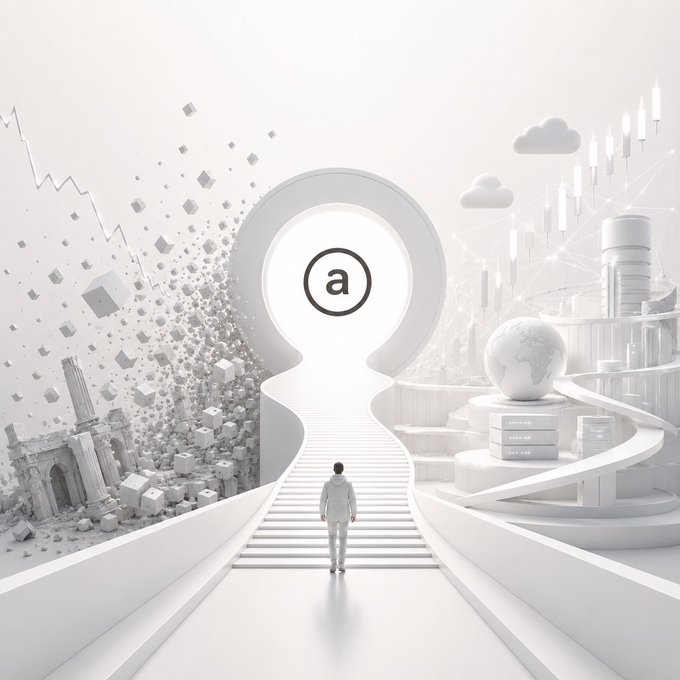A minimalist white 3D-rendered illustration showing a person walking up stairs toward a keyhole-shaped arch containing the letter 'a', with one side depicting ruins and the other a thriving modern city with stock charts.