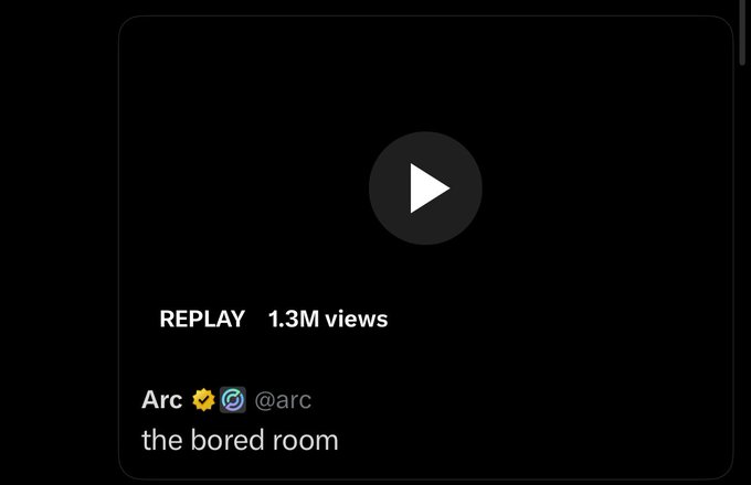 The image shows a video playing on a screen with a caption that reads "1.3m+ tuned in for the Boredroom events. An event that strategically convey the broken rails of TradFi and the challenges Arc has a solution building a faster, reliable and a more efficient payments and financial system." The caption is written in a yellow font against a black background.