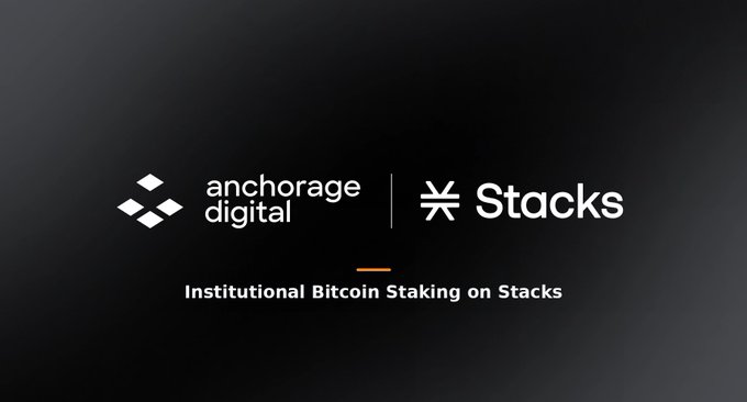 A promotional banner shows the logos for "anchorage digital" and "Stacks," advertising "Institutional Bitcoin Staking on Stacks."