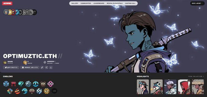 A user's Azuki NFT profile displays the handle "OPTIMUZTIC.ETH" with an anime-style character holding a katana surrounded by glowing butterflies, alongside emblems from various Web3 communities and character highlights, reflecting their curated digital identity on the Azuki platform.