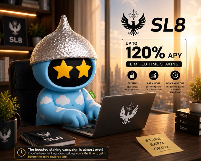 The image shows a blue star-eyed mascot wearing a foil hat, working on a laptop in a sunlit office, alongside an advertisement for **SL8** staking offering **up to 120% APY** in a limited time boosted campaign.

The visual reinforces the post's message by depicting the SL8 staking opportunity as a productive way to make idle tokens work for you, with the urgency banner "The boosted staking campaign is almost over!" matching the caption's call to act before extra rewards end.