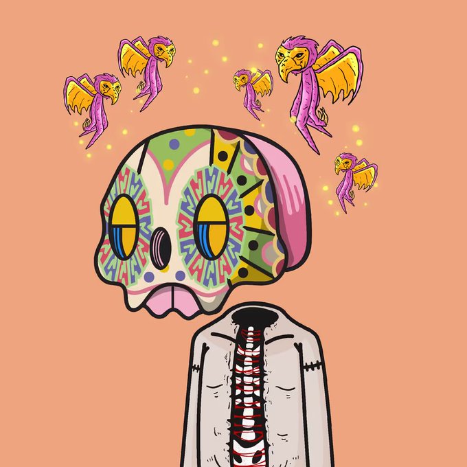 A vibrantly decorated sugar skull character with exposed ribs stares upward as small purple winged creatures fly around its head, against a peach background. The colorful, folk-art-inspired illustration reflects the celebratory Day of the Dead aesthetic associated with the @los_muertosNFT legacy collection.