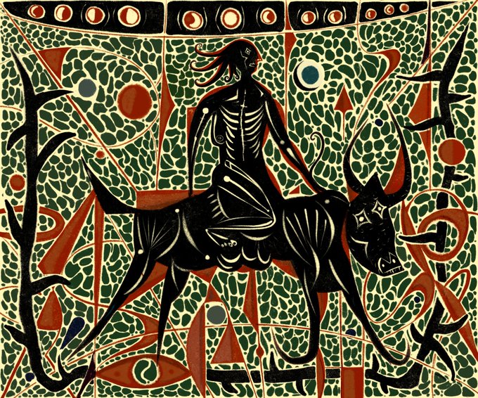 A stylized, modernist illustration depicts a skeletal figure riding a horned bull-like creature, set against a patterned green, red, and black background reminiscent of Picasso's work.