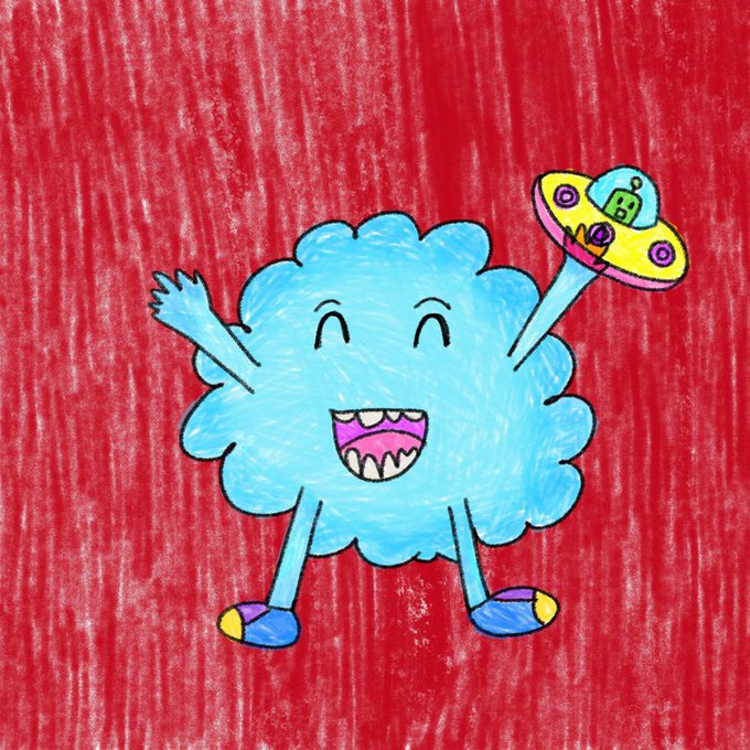 Childlike crayon and marker drawing of a fluffy blue smiling character with arms and legs holding a yellow and pink object against a red colored background.