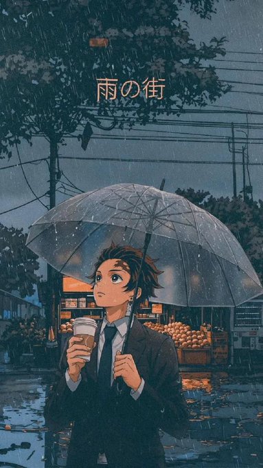 The image shows a young man in a suit holding a coffee cup and a clear umbrella on a rainy street at night, with the Japanese text "雨の街" (meaning "Rainy City") above him. The image doesn't visually relate to the cryptocurrency/BTCfi topic of the post, but the melancholic, reflective atmosphere of someone standing alone in the rain mirrors the contemplative tone of the message about researching @YieldStark and pondering how to simplify access to existing yield opportunities in BTCfi.