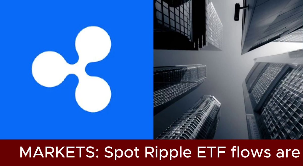 The image shows two columns of buildings, one with a blue background featuring a white Ripple cryptocurrency symbol and the other with a black background showing a city skyline. The text "Markets: Spot Ripple ETF flows are back in full swing." is written above each column.