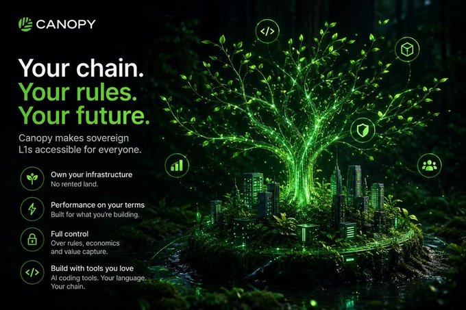 A promotional graphic for 'CANOPY' with the tagline 'Your chain. Your rules. Your future.' displayed next to a glowing green tree over a miniature city, listing features like 'Own your infrastructure', 'Performance on your terms', and 'Build with tools you love'.