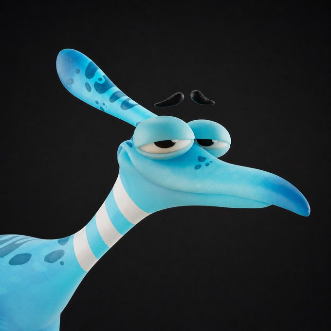 A blue cartoon lizard-like creature with a long snout, droopy eyes, and striped neck looks sideways against a dark background.