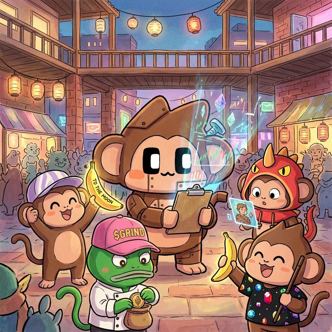 A colorful cartoon illustration of various monkey-like characters in a market or village setting, including one with a clipboard, one with a '$GRIND' hat, and one holding bananas, with a 'TO THE MOON' sign.