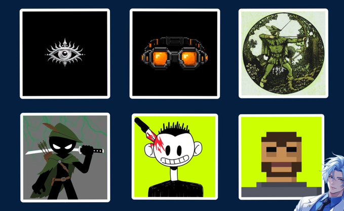 A grid of six NFT project thumbnails displays artwork including an eye logo, orange goggles, an archer in a green hood, a stickman with a mohawk, and a pixelated character on a yellow background, visually showcasing the various NFT collaborations being promoted in the post. The image directly illustrates the diverse collection of free mint NFT projects (NTRPY, Bunker Hood, Sherwood NFTs, BeStickman, 10k Ways to Die, and ChainTraders) advertised in the tweet.