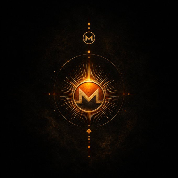 A glowing gold emblem featuring the Monero cryptocurrency logo 'M' is centered against a dark, cosmic background.