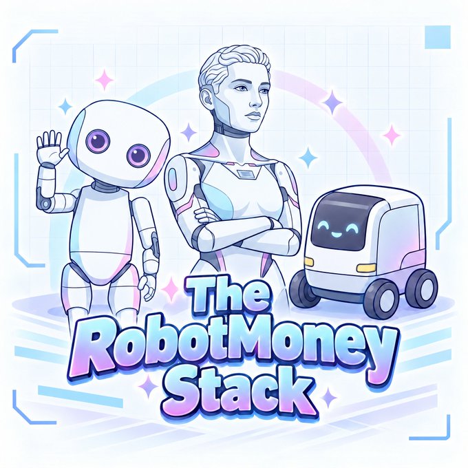 An illustration featuring a humanoid robot, a small waving robot, and a smiling delivery vehicle with the stylized text 'The RobotMoney Stack'.