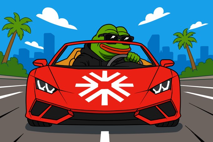 A cartoon illustration of Pepe the Frog wearing sunglasses and a black hoodie while driving a red sports car with a white logo, set against a city skyline with palm trees.