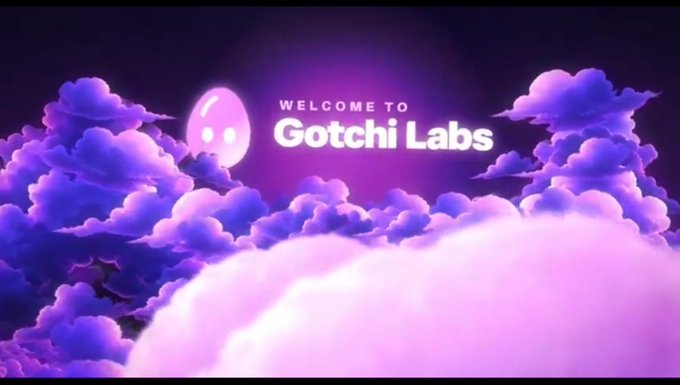 A purple-toned illustration with cartoon clouds and a smiling ghost-like character, featuring the text 'WELCOME TO Gotchi Labs'.