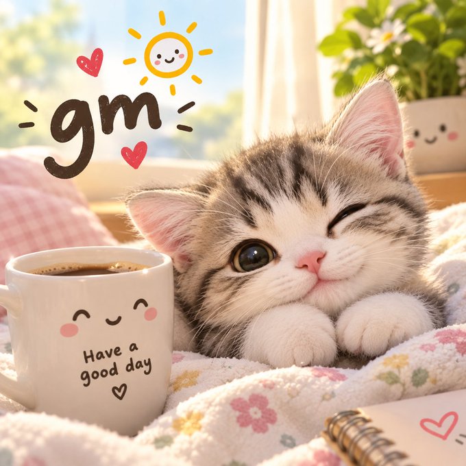 An adorable winking kitten resting on a floral blanket next to a smiling mug that says 'Have a good day', with a 'gm' graphic and sun drawn above.