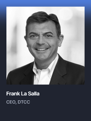 Black-and-white portrait of Frank La Salla, CEO of DTCC, smiling in a dark suit and white shirt. The image accompanies an announcement that he will attend a LINK:NYC global finance event next month, highlighting a notable crypto-finance connection.