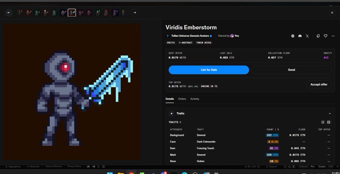 Screenshot of an NFT marketplace listing for a pixel art collectible titled 'Viridis Emberstorm' with traits like Background, Face, Item, Mark, and Rune, priced at 0.0179 ETH.