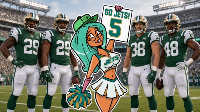 Four football players in New York Jets uniforms (#29, #36, #48) stand on a field alongside a cartoon Jets cheerleader holding a 'GO JETS! 5' sign.