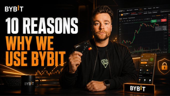 A man wearing a black jacket holds up a Bybit Mastercard while sitting in front of a trading chart, a smartphone showing a $22,978.68 crypto balance, and a Bybit-branded mug, with bold text reading "10 REASONS WHY WE USE BYBIT." The image visually reinforces the post's message about Bybit being a trusted exchange choice, showcasing its branded products and secure trading platform.