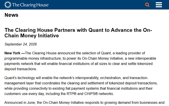 A news article from The Clearing House dated September 24, 2026, announcing their partnership with Quant to advance the On-Chain Money Initiative for clearing and settling tokenized deposit transactions.