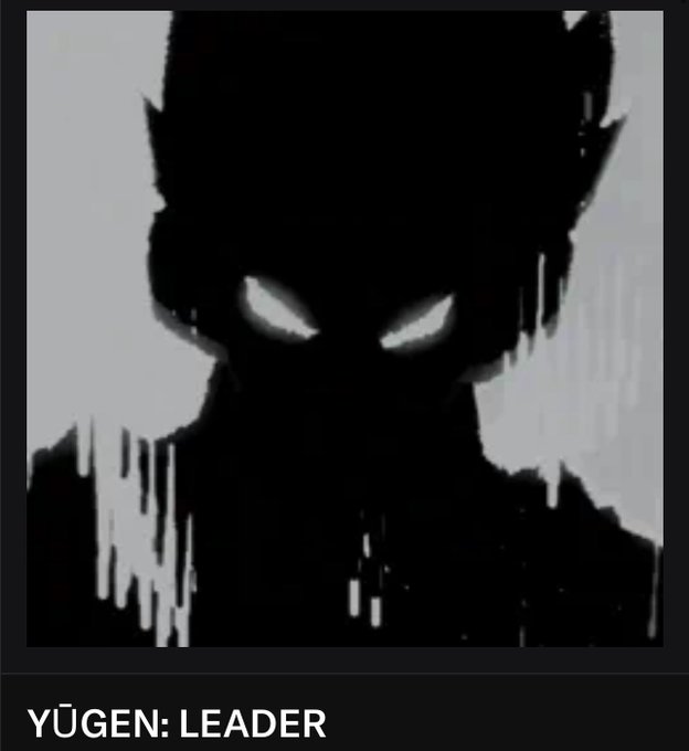 The image features a black and white photo of a person's face, with their eyes appearing as glowing red lights against the dark background. The caption below the image reads "Yugen #leader", indicating that this is likely an advertisement or promotional material for a product or service related to leadership or personal development.