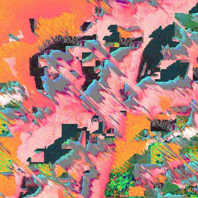 The image is a vibrant, glitchy digital artwork with bold pink, orange, and teal pixelated brushstrokes. As a free-to-collect "stamp" piece celebrating the #TezosTuesday community event, it serves as a digital collectible to thank supporters—though it contains no readable text or numbers.