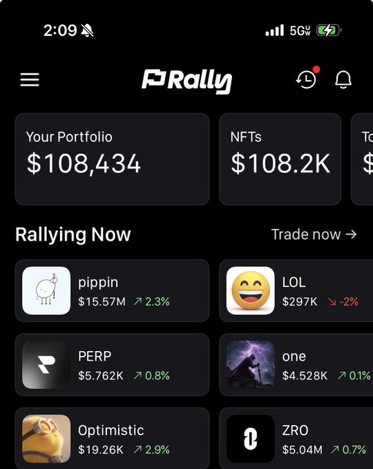 A screenshot of the Rally crypto app showing a portfolio value of $108,434 and NFTs valued at $108.2K, with trending tokens like pippin ($15.57M), LOL, PERP, one, Optimistic, and ZRO displayed.