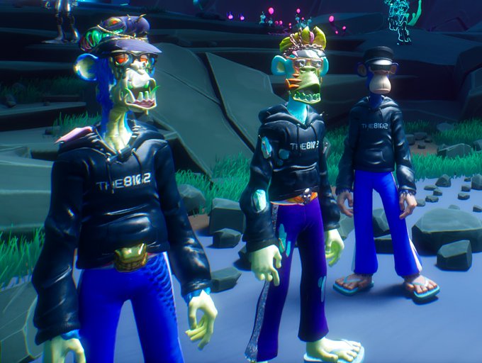 Three 3D animated zombie-like monkey characters wearing black hoodies with 'THE 8162' printed on them, standing in a cartoonish outdoor camp setting.