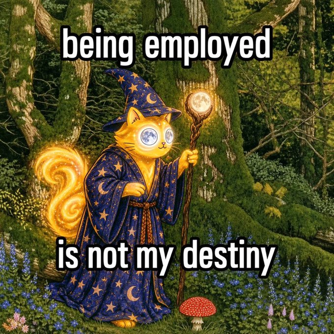 A whimsical illustration of a cat dressed as a wizard in starry robes holding a glowing staff in a forest, with text reading 'being employed is not my destiny'.