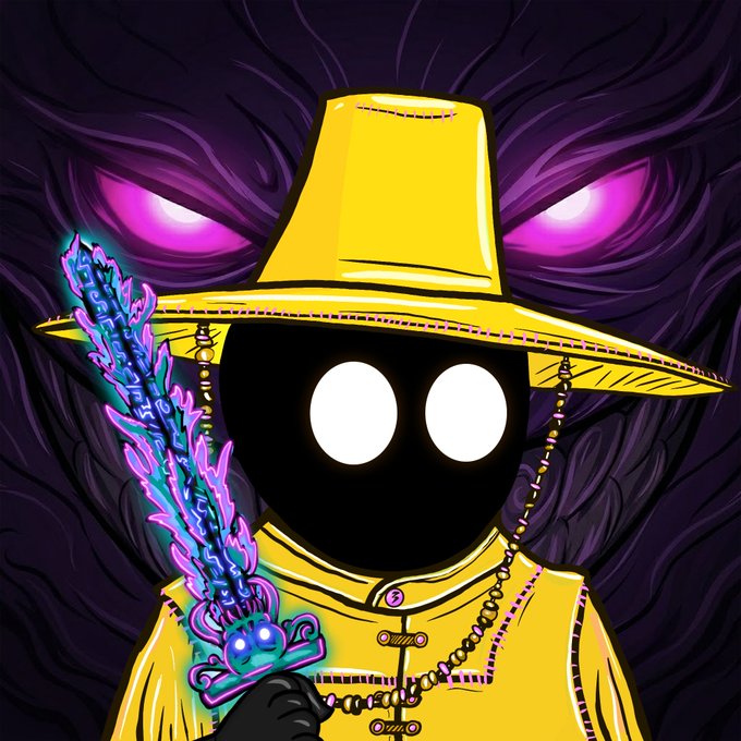 A digital illustration features a shadowy figure with glowing white eyes wearing a yellow raincoat and hat, holding a glowing blue and purple sword against a background of glowing pink eyes.