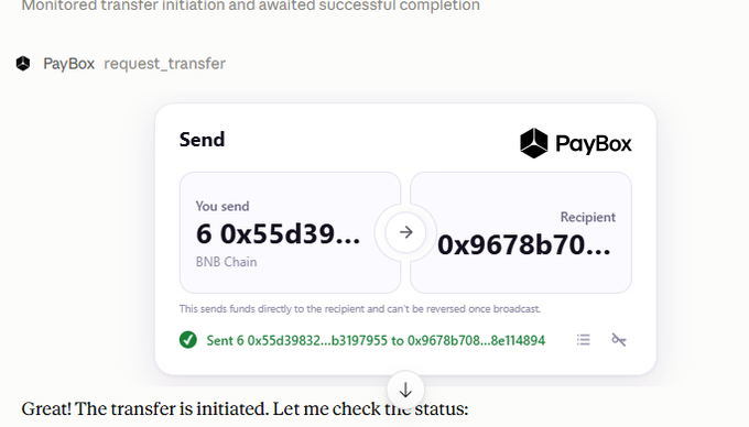 A screenshot of a PayBox interface shows a completed transfer on the BNB Chain, with 6 0x55d3983... sent from the user to a recipient address (0x9678b70...), confirming the success of the "swap and send" prompt mentioned in the post.
