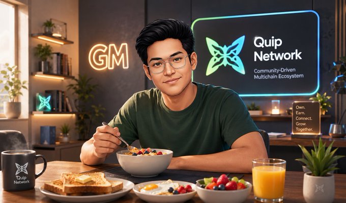 An image of a young man with glasses eating breakfast at a table, with a neon 'Quip Network' sign on the wall behind him reading 'Community-Driven Multichain Ecosystem'.