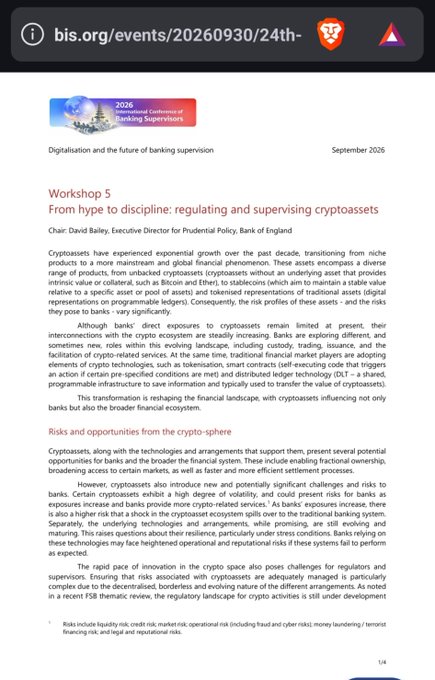 A screenshot of a Bank for International Settlements webpage showing "Workshop 5" document titled "From hype to discipline: regulating and supervising cryptoassets" by David Bailey from the Bank of England, dated September 2026.