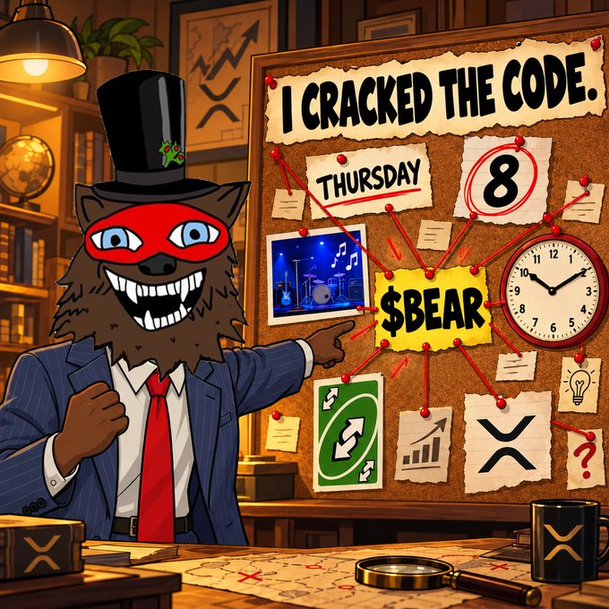 A cartoon-style illustration of a grinning brown wolf character wearing a top hat, red mask, and suit, pointing to a detective board that reads 'I CRACKED THE CODE' with clues like Thursday, 8, and $BEAR.