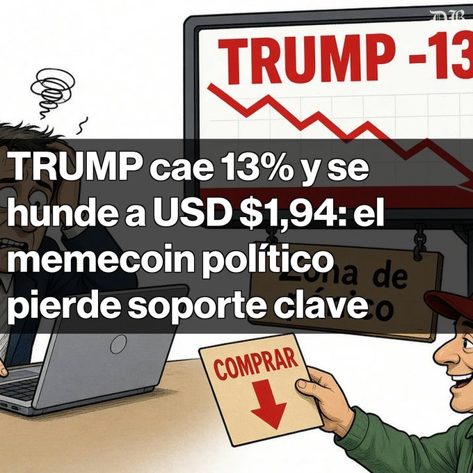 A Spanish-language graphic about the TRUMP memecoin falling 13% to USD $1.94, featuring cartoon illustrations of a stressed man at a laptop and a buyer with a 'COMPRAR' (buy) sign under a downward chart.