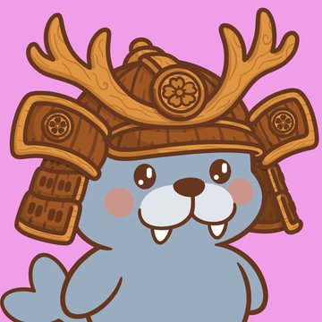 An illustration of a blue cartoon character wearing an ornate samurai helmet with antler-like horns, set against a pink background.