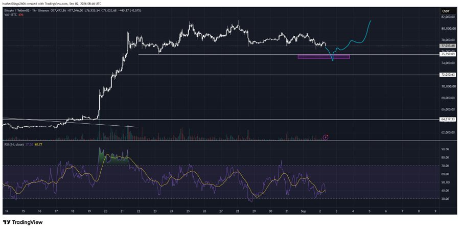 TradingView chart of Bitcoin (BTCUSD) showing price action with technical indicators including RSI, displayed on a dark theme.
