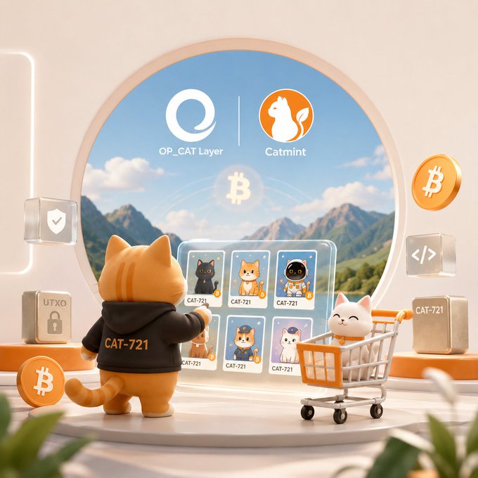 A 3D-rendered scene featuring cartoon cats wearing 'CAT-721' hoodies near a display of cat NFTs, with logos for 'OP_CAT Layer' and 'Catmint' and Bitcoin symbols in the background.