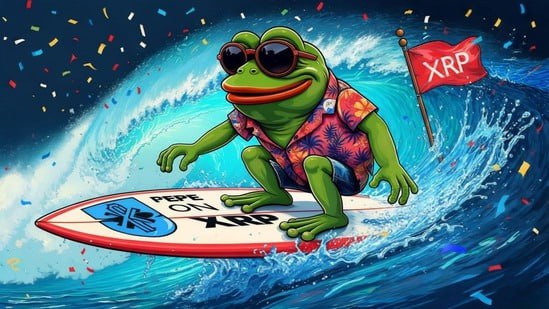Cartoon illustration of a green frog wearing sunglasses and a Hawaiian shirt surfing a wave with confetti around, holding a red flag with the 'XRP' logo, on a surfboard reading 'PEPE ON XRP'.