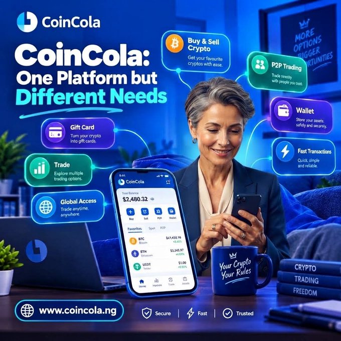 A promotional advertisement for CoinCola featuring a woman using a smartphone, highlighting features like 'Buy & Sell Crypto', 'P2P Trading', 'Gift Card', 'Trade', and 'Global Access' at www.coincola.ng.