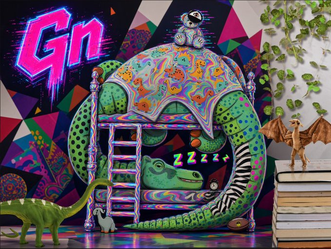 Vibrant psychedelic illustration featuring a turtle-shaped bed with a panda on top, surrounded by a green dinosaur, dragon, alligator, and 'Zzz' text, with 'Gn' graffiti on the wall.