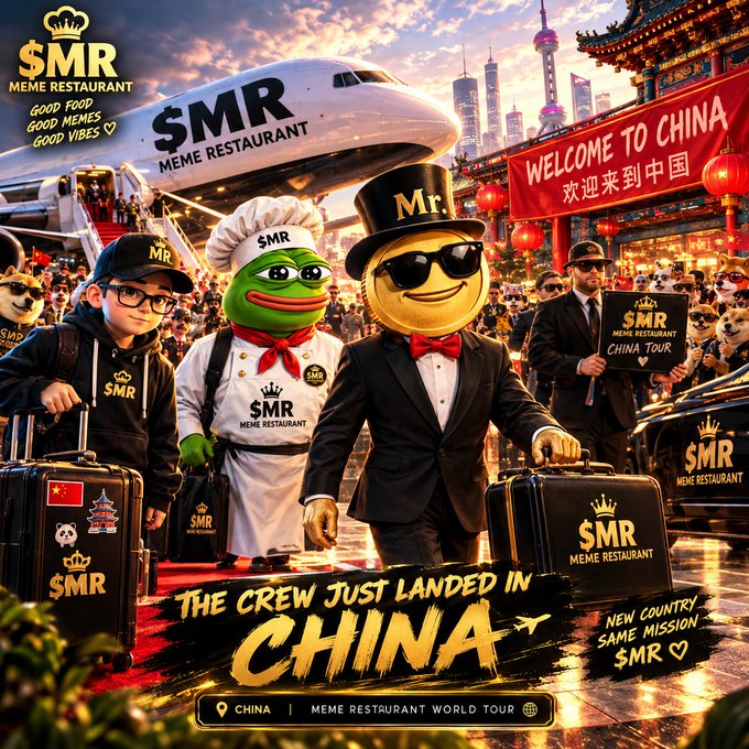 A promotional graphic for SMR Meme Restaurant's China tour landing, featuring mascot characters Chef Pepe (frog in chef attire) and "Mr. SMR" (gold coin in tuxedo and top hat) holding SMR-branded suitcases in front of an airplane and a "Welcome to China" banner, with text reading "THE CREW JUST LANDED IN CHINA" and "NEW COUNTRY SAME MISSION $MR."