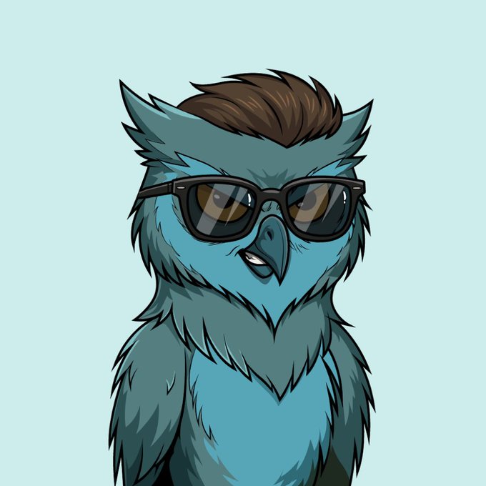 A cartoon illustration of a blue owl character with brown hair and black sunglasses against a light blue background.