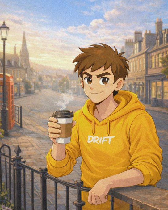 An anime-style illustration of a young man with brown hair wearing a yellow 'DRIFT' hoodie, holding a steaming coffee cup on a European-style street.