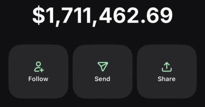 A digital wallet interface displays a balance of $1,711,462.69 alongside "Follow," "Send," and "Share" buttons, serving as visual proof of funds to entice users to engage with the giveaway post requesting followers and Solana ($SOL) addresses.
