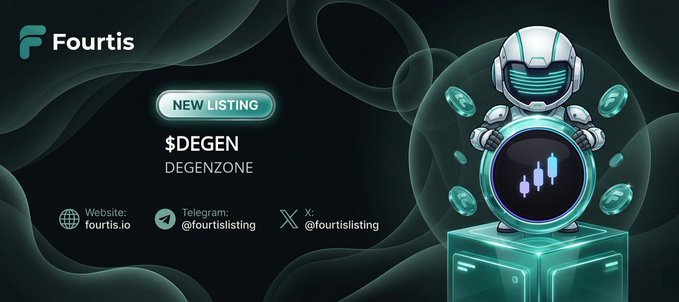 The image features a poster for a new listing for a cryptocurrency called DEGENZONE at fourtis.io, with a cartoon robot character holding a key that says "DEGEN" above the image of a globe with the dollar sign on top. The poster also includes information about what this listing is and how it works. There is a $0.0002 price tag attached to the listings button in the background, indicating the cost for those interested in buying DEGENZONE.