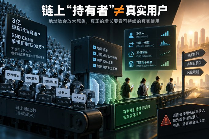 A Chinese-language infographic titled "链上"持有者" ≠ 真实用户" argues that on-chain holders differ from real users, showing statistics about BNB Chain, 30-day retention, net inflow, median transfer, and monetizable fees.