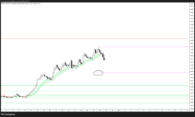 A TradingView chart of Binance's NEAR/USDT perpetual pair shows a recent uptrend with price retesting a marked h4 breakout level (circled in red) near 5.20, coinciding with the previous weekly low highlighted as a potential long entry.